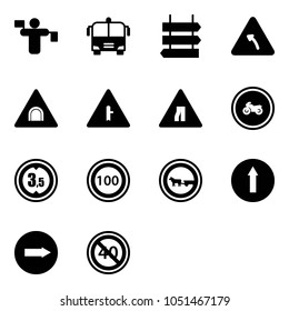 Solid vector icon set - traffic controller vector, airport bus, sign post, turn left road, tunnel, intersection, narrows, no moto, limited height, speed limit 100, cart horse, only forward, right