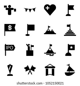 Solid vector icon set - traffic controller vector, flag garland, heart, dollar, attainment, pyramid, ipo, win, mountain, pennant, flags cross, sailboat toy