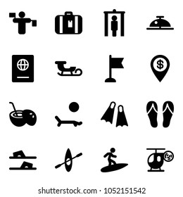 Solid vector icon set - traffic controller vector, suitcase, metal detector gate, client bell, passport, sleigh, flag, dollar pin, coconut cocktail, lounger, flippers, flip flops, kayak, surfing