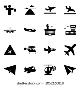 Solid vector icon set - traffic controller vector, runway, departure, arrival, plane, small, airport building, road sign, helicopter, paper, toy