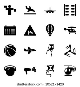 Solid vector icon set - traffic controller vector, arrival, plane, seats, schedule, side wind road sign, air balloon, helicopter, ball, kite, mill, protect glass, dryer, toy