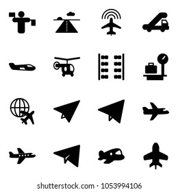 Solid vector icon set - traffic controller vector, runway, plane radar, trap truck, small, helicopter, seats, baggage scales, globe, paper, fly, toy