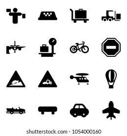 Solid vector icon set - traffic controller vector, taxi, baggage, fork loader, boarding passengers, scales, bike, no way road sign, climb, car crash, helicopter, air balloon, cabrio, skateboard