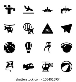 Solid vector icon set - traffic controller vector, arrival, plane, boarding passengers, helicopter, globe, side wind road sign, paper fly, ball, air balloon, kite, protect glass, toy, beach
