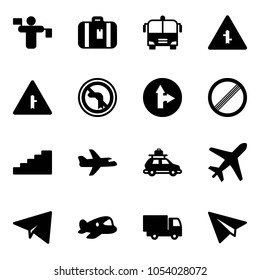 Solid vector icon set - traffic controller vector, suitcase, airport bus, intersection road sign, no left turn, only forward right, limit, stairs, plane, car baggage, paper, toy, truck