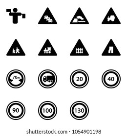 Solid vector icon set - traffic controller vector, multi lane road sign, embankment, tractor way, children, railway intersection, narrows, limited distance, no truck, speed limit 20, 40, 90, 100