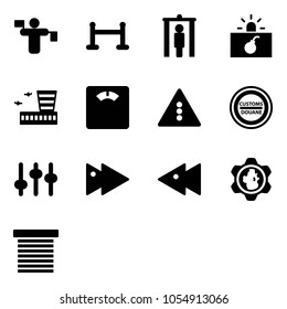 Solid vector icon set - traffic controller vector, vip zone, metal detector gate, terrorism, airport building, floor scales, light road sign, customs, settings, fast forward, backward, gear globe