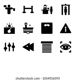 Solid vector icon set - traffic controller vector, vip zone, passport control, metal detector gate, terrorism, airport building, floor scales, light road sign, settings, fast backward, jalousie