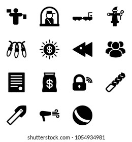 Solid vector icon set - traffic controller vector, officer window, baggage truck, santa claus, garland, dollar sun, fast backward, group, agreement, money bag, wireless lock, drill, tile, dryer