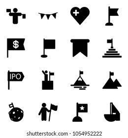 Solid vector icon set - traffic controller vector, flag garland, heart, dollar, pyramid, ipo, win, mountain, moon, sailboat toy