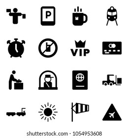 Solid Vector Icon Set - Traffic Controller Vector, Parking Sign, Tea, Train, Alarm Clock, No Mobile, Vip, Credit Card, Baby Room, Officer Window, Passport, Fork Loader, Baggage Truck, Sun, Side Wind