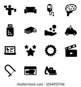 Solid vector icon set - traffic controller vector, vip waiting area, drop counter, brain, pills bottle, cash, pay, electric car, statistics monitor, stars, sun, movie flap, fretsaw, generator