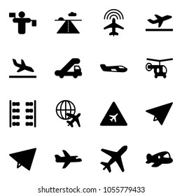 Solid vector icon set - traffic controller vector, runway, plane radar, departure, arrival, trap truck, small, helicopter, seats, globe, airport road sign, paper, fly, toy