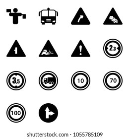 Solid vector icon set - traffic controller vector, airport bus, turn right road sign, multi lane, intersection, gravel, attention, limited width, height, no truck, speed limit 10, 70, 100