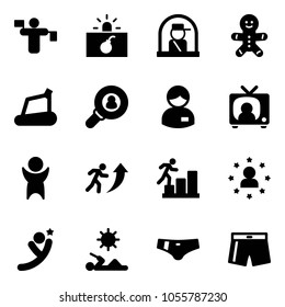 Solid vector icon set - traffic controller vector, terrorism, officer window, cake man, treadmill, head hunter, manager, tv news, success, career, star, flying, reading, swimsuit