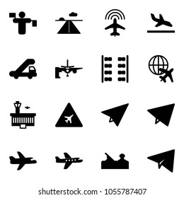 Solid vector icon set - traffic controller vector, runway, plane radar, arrival, trap truck, boarding passengers, seats, globe, airport building, road sign, paper, fly, jointer