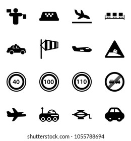 Solid vector icon set - traffic controller vector, taxi, arrival, waiting area, safety car, side wind, small plane, steep roadside road sign, speed limit 40, 100, 110, end overtake, moon rover, jack