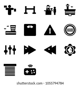 Solid vector icon set - traffic controller vector, vip zone, passport control, airport building, floor scales, light road sign, customs, settings, fast forward, backward, gear globe, jalousie