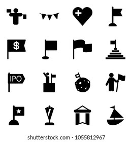Solid vector icon set - traffic controller vector, flag garland, heart, dollar, pyramid, ipo, win, moon, pennant, sailboat toy