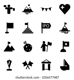 Solid vector icon set - traffic controller vector, mountains, flag garland, heart, pyramid, ipo, mountain, moon, win, pennant, flags cross, sailboat toy