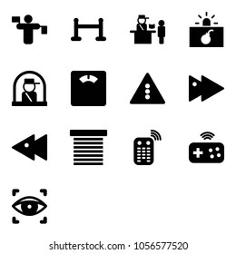 Solid vector icon set - traffic controller vector, vip zone, passport control, terrorism, officer window, floor scales, light road sign, fast forward, backward, jalousie, remote, joystick wireless