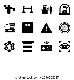 Solid vector icon set - traffic controller vector, vip zone, passport control, officer window, airport building, floor scales, light road sign, customs, gear globe, jalousie, joystick wireless
