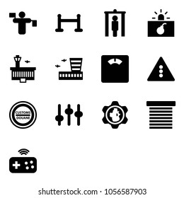 Solid vector icon set - traffic controller vector, vip zone, metal detector gate, terrorism, airport building, floor scales, light road sign, customs, settings, gear globe, jalousie