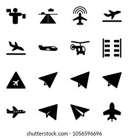 Solid vector icon set - traffic controller vector, runway, plane radar, departure, arrival, small, helicopter, seats, airport road sign, paper, fly, toy