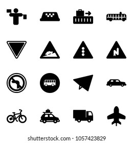 Solid vector icon set - traffic controller vector, taxi, baggage, airport bus, giving way road sign, climb, light, abrupt turn right, no left, paper fly, limousine, bike, car, truck toy, plane