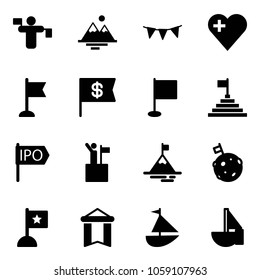 Solid vector icon set - traffic controller vector, mountains, flag garland, heart, dollar, pyramid, ipo, win, mountain, moon, pennant, sailboat toy