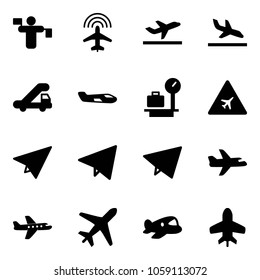 Solid vector icon set - traffic controller vector, plane radar, departure, arrival, trap truck, small, baggage scales, airport road sign, paper, fly, toy