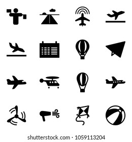 Solid vector icon set - traffic controller vector, runway, plane radar, departure, arrival, schedule, air balloon, paper fly, helicopter, wind mill, dryer, kite, beach ball