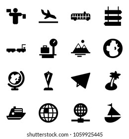 Solid vector icon set - traffic controller vector, arrival, airport bus, sign post, baggage truck, scales, mountains, globe, pennant, paper fly, palm, cruiser, sailboat toy