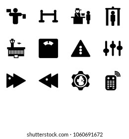 Solid vector icon set - traffic controller vector, vip zone, passport control, metal detector gate, airport building, floor scales, light road sign, settings, fast forward, backward, gear globe