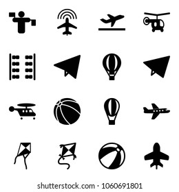 Solid vector icon set - traffic controller vector, plane radar, departure, helicopter, seats, paper fly, air balloon, ball, kite, beach, toy