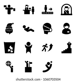 Solid vector icon set - traffic controller vector, passport control, travolator, officer window, santa claus, abdominal muscles, medical mask, manager, garbage, success, career, world, win