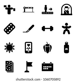 Solid vector icon set - traffic controller vector, barrier, travolator, officer window, pills blister, scalpel, barbell, gymnastics, sun, mobile heart monitor, sweet pepper, milk, breads, flag