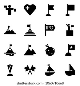 Solid vector icon set - traffic controller vector, heart, flag, attainment, pyramid, ipo, win, mountain, moon, pennant, flags cross, sailboat toy