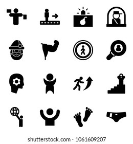 Solid vector icon set - traffic controller vector, travolator, terrorism, officer window, santa claus, power hand, no pedestrian road sign, head hunter, brain work, success, career, world, feet
