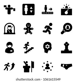Solid vector icon set - traffic controller vector, elevator, travolator, terrorism, officer window, cake man, run, head hunter, manager, career, brain work, winner, speaker, star, swimsuit