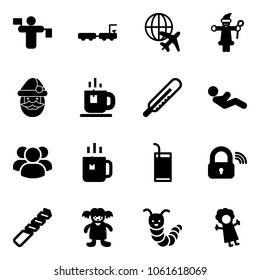 Solid vector icon set - traffic controller vector, baggage truck, plane globe, santa claus, tea, thermometer, abdominal muscles, group, green, drink, wireless lock, drill, doll, toy caterpillar