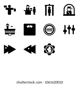 Solid vector icon set - traffic controller vector, passport control, metal detector gate, officer window, airport building, floor scales, customs road sign, settings, fast forward, backward