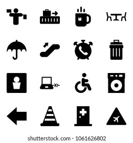 Solid vector icon set - traffic controller vector, baggage, tea, cafe, escalator up, phone alarm, trash bin, male wc, notebook connect, disabled, left arrow, road cone, first aid room