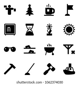 Solid vector icon set - traffic controller vector, christmas tree, tea, flag, safe, sand clock, award, sun, sunglasses, flip flops, grill, no signal, hammer, hoe, toy, boat