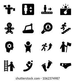 Solid vector icon set - traffic controller vector, elevator, travolator, terrorism, cake man, treadmill, head hunter, career, brain work, success, win, opportunity, flying, feet, swimsuit