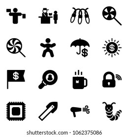 Solid vector icon set - traffic controller vector, passport control, garland, lollipop, gymnastics, insurance, dollar sun, flag, head hunter, green tea, wireless lock, cpu, tile drill, dryer