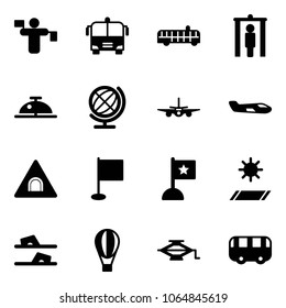 Solid vector icon set - traffic controller vector, airport bus, metal detector gate, client bell, globe, plane, small, tunnel road sign, flag, mat, flip flops, air balloon, jack, toy