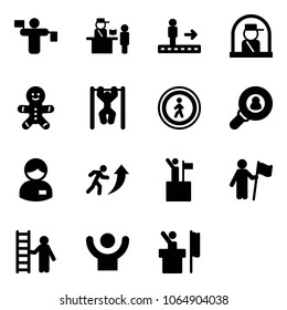 Solid vector icon set - traffic controller vector, passport control, travolator, officer window, cake man, pull ups, no pedestrian road sign, head hunter, manager, career, win, opportunity, success