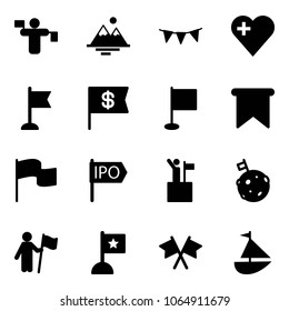 Solid vector icon set - traffic controller vector, mountains, flag garland, heart, dollar, ipo, win, moon, flags cross, sailboat toy