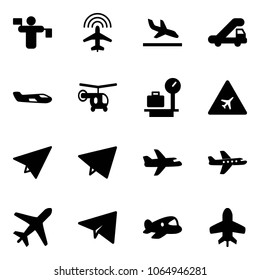 Solid vector icon set - traffic controller vector, plane radar, arrival, trap truck, small, helicopter, baggage scales, airport road sign, paper, fly, toy